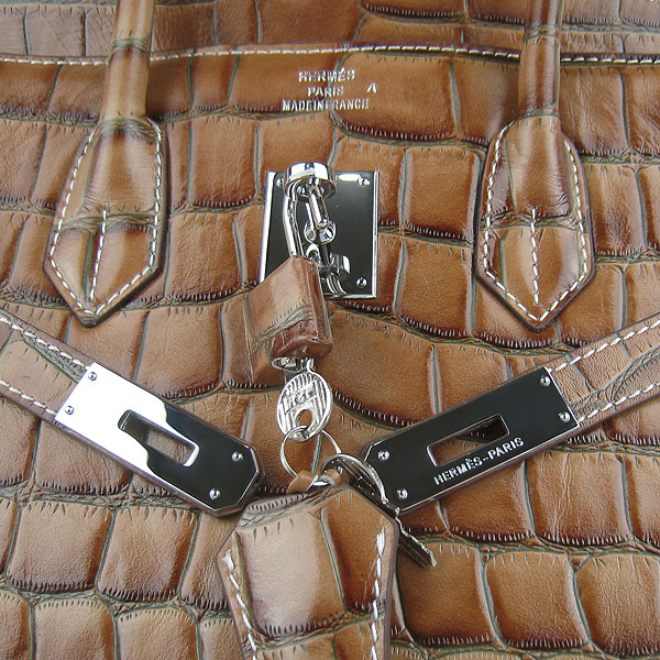 High Quality Fake Hermes Birkin 35CM Crocodile Veins Leather Bag Light Coffee 6089